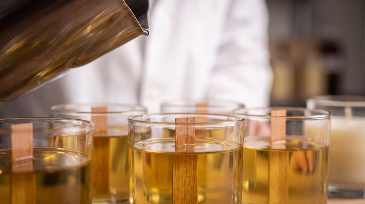 Coulée de cire végétale dans des verres à mèche de bois, mèche visible au centre du pot
