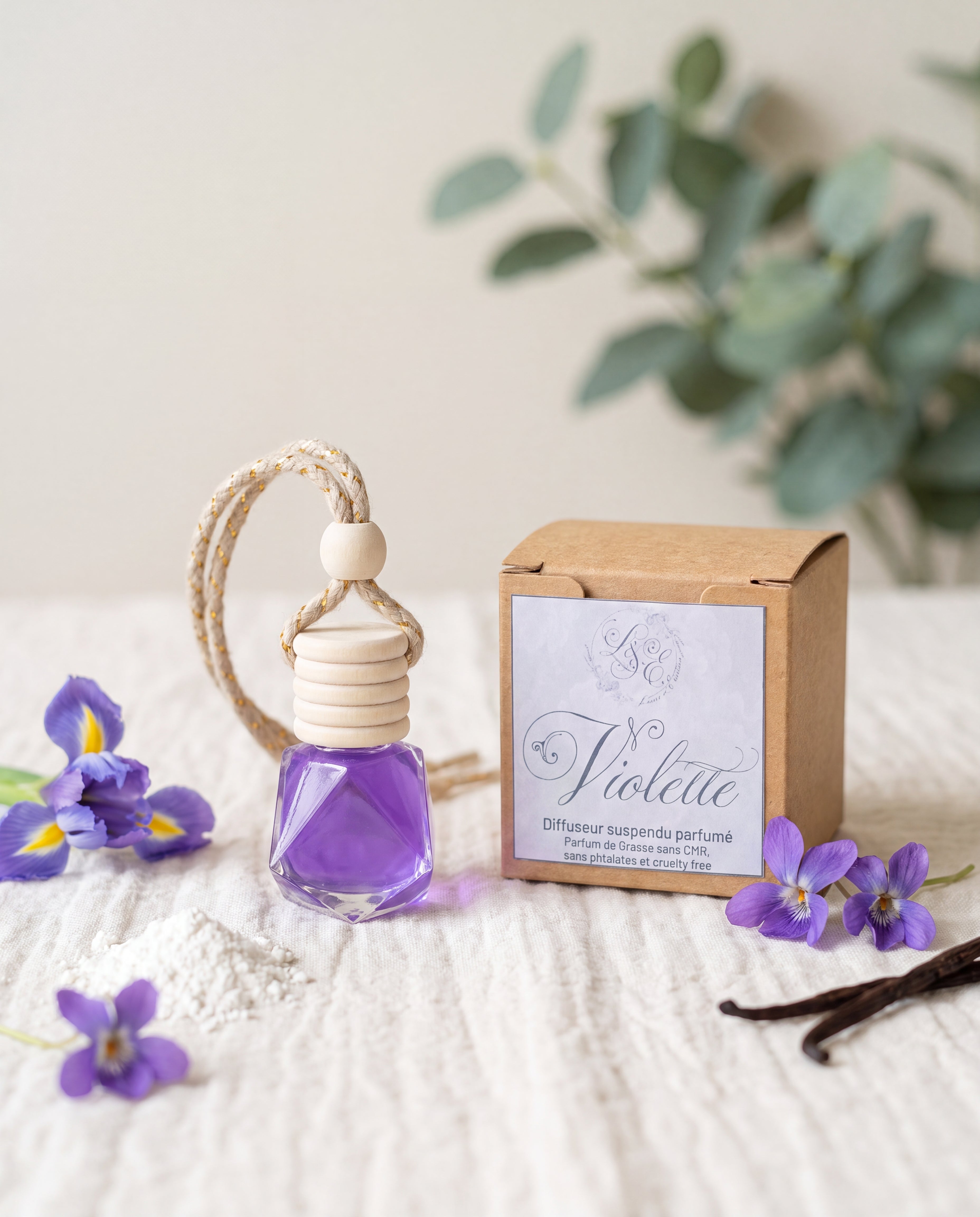 Diffuseur suspendu parfumé Violette L&E, notes bonbon violette, iris et musc