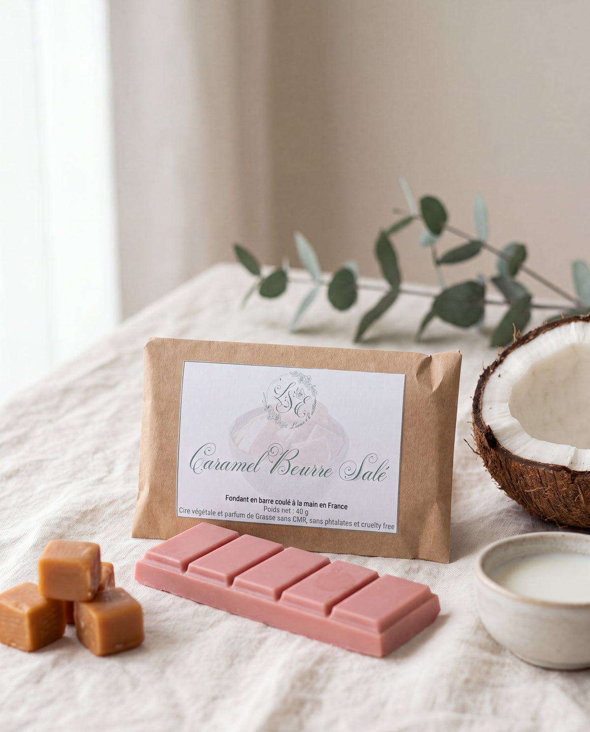 Fondant en barre parfumé Caramel au Beurre Salé L&E, cire végétale à casser en carrés