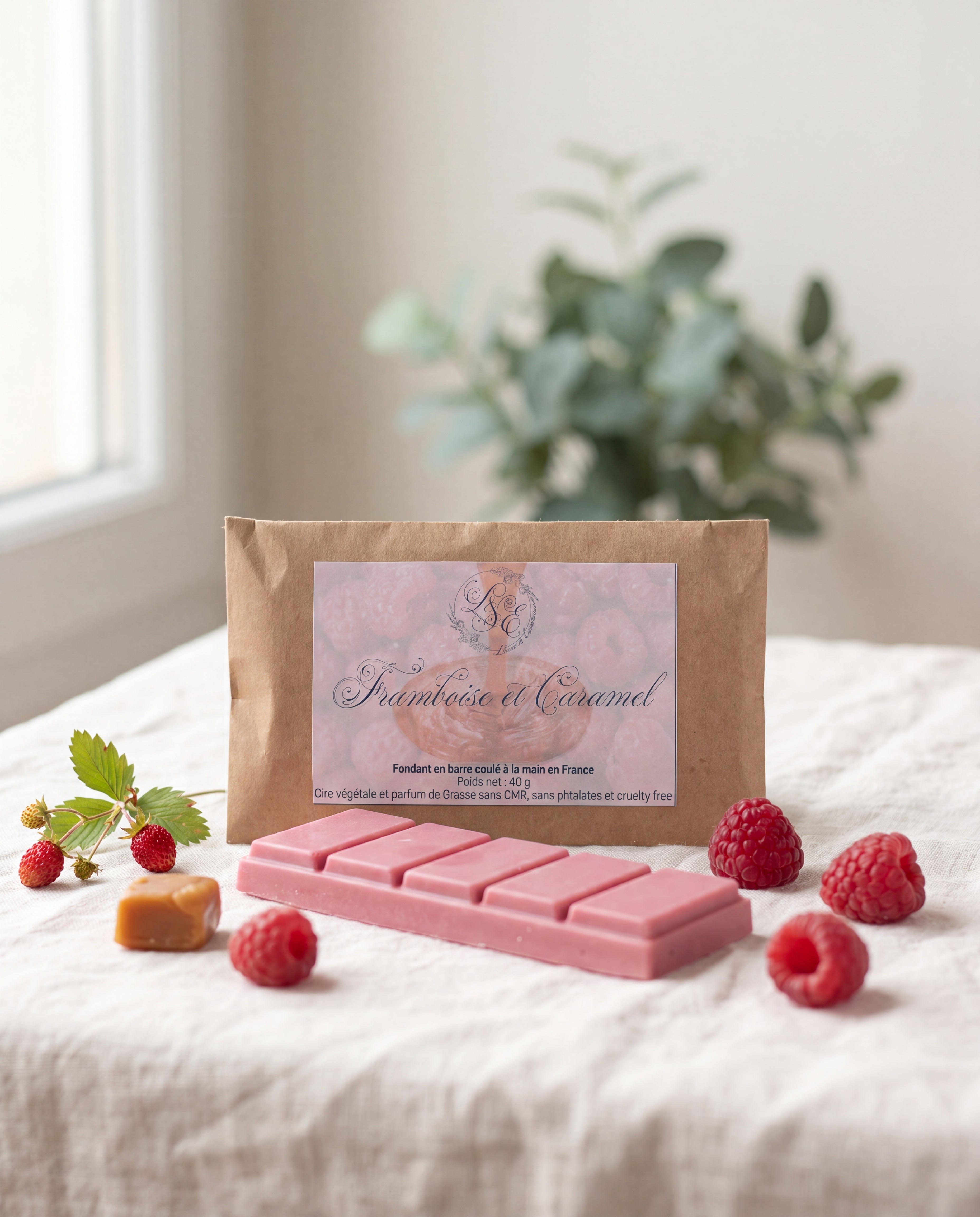 Fondant en barre parfumé Framboise et Caramel L&E, cire végétale à casser en carrés