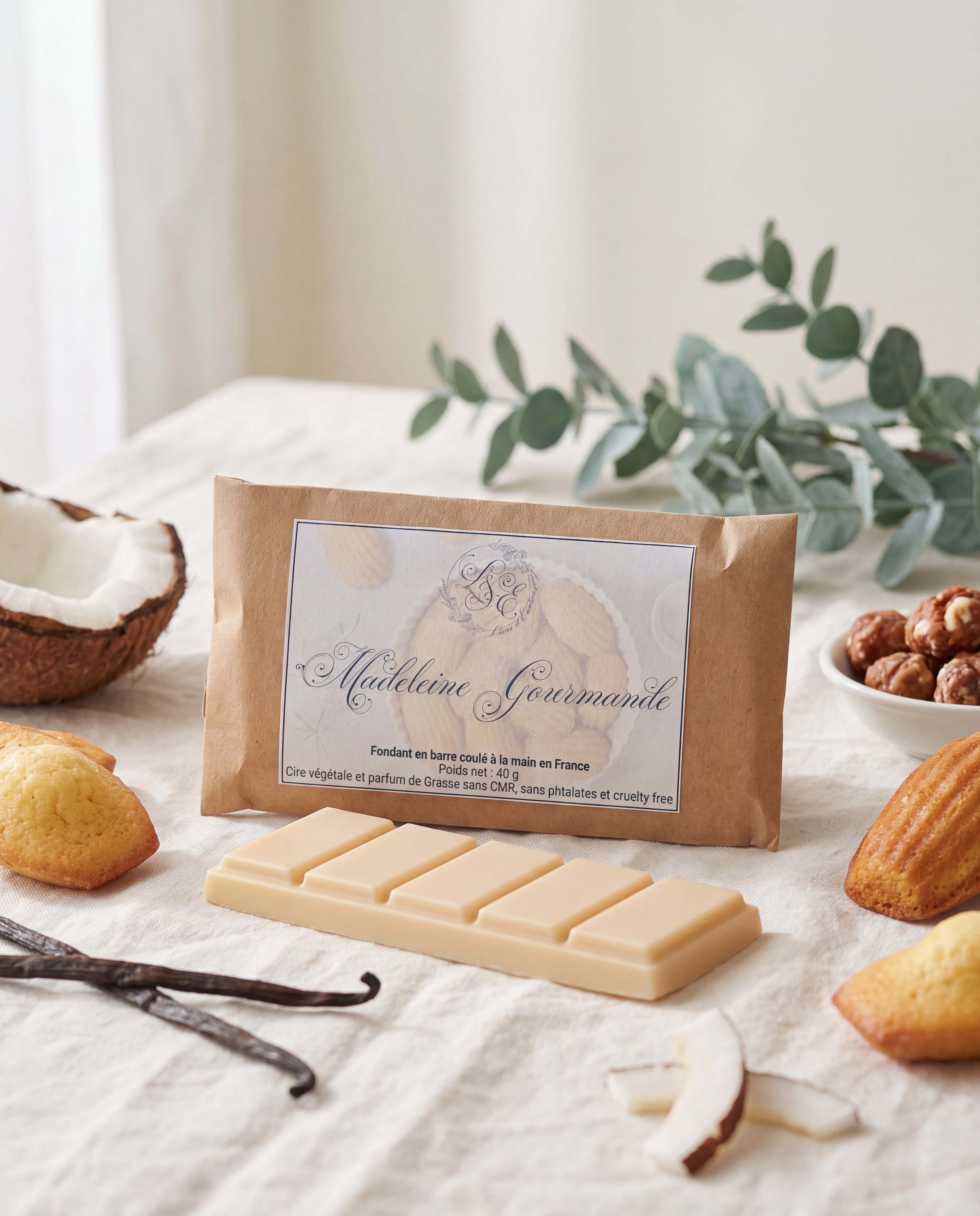 Fondant en barre parfumé Madeleine Gourmande L&E, cire végétale à casser en carrés