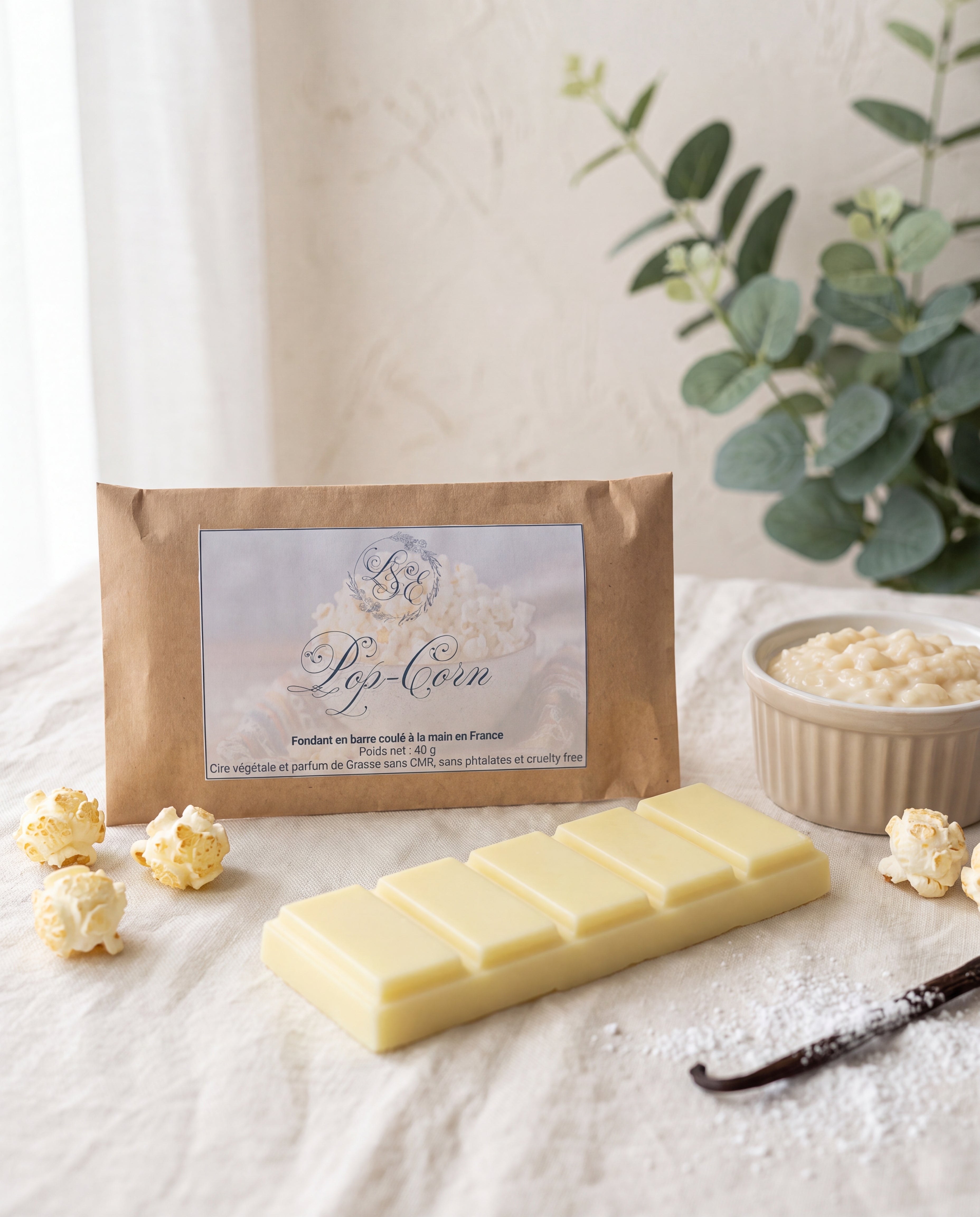 Fondant en barre parfumé Pop Corn L&E, cire végétale à casser en carrés