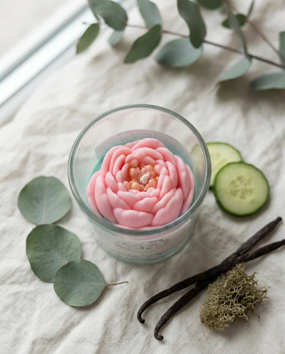 Bougie parfumée Lotus de l'Aube L&E en cire végétale, notes eucalyptus, lotus et vanille