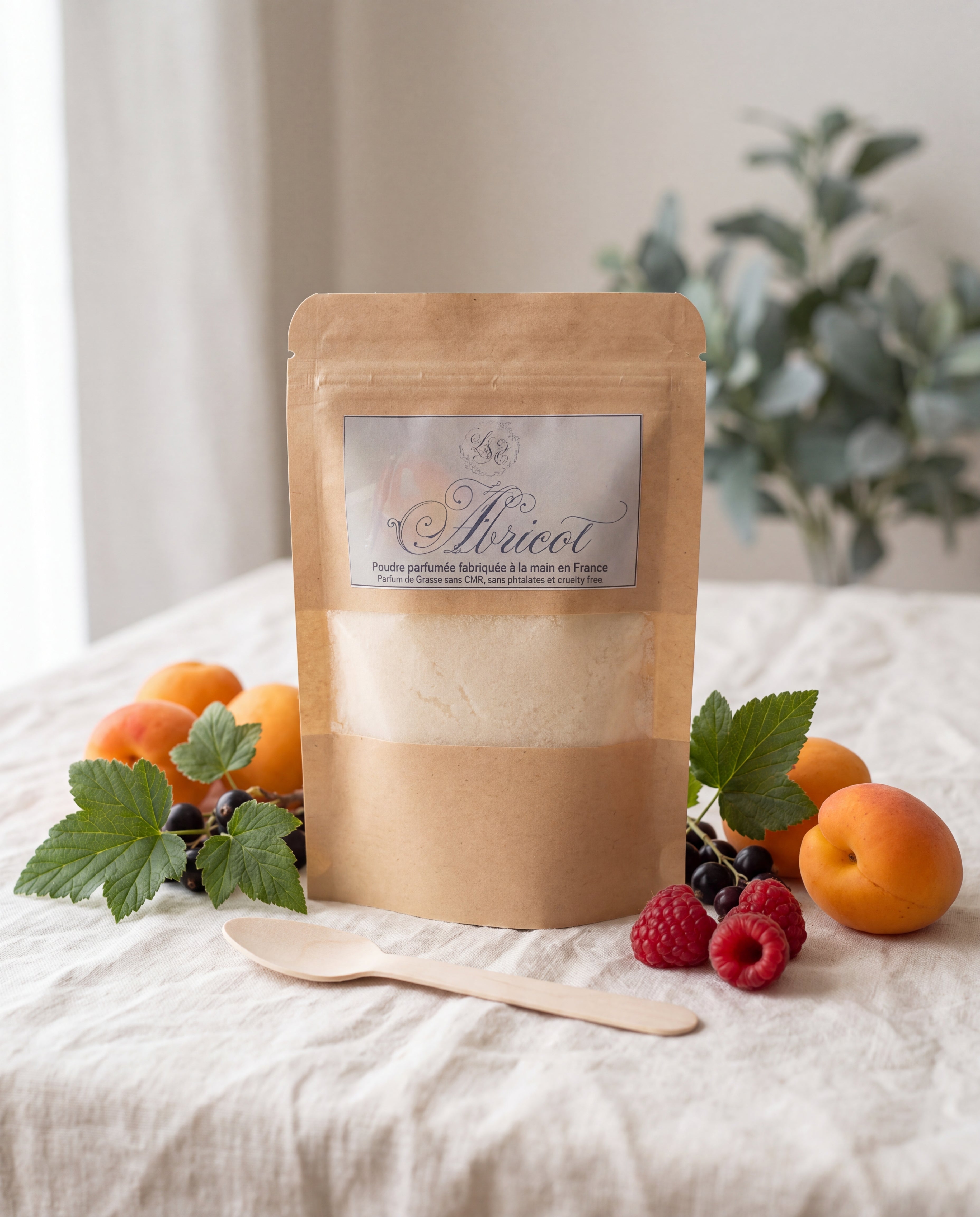 Poudre parfumée Abricot L&E pour aspirateur, sachet kraft et cuillère en bois