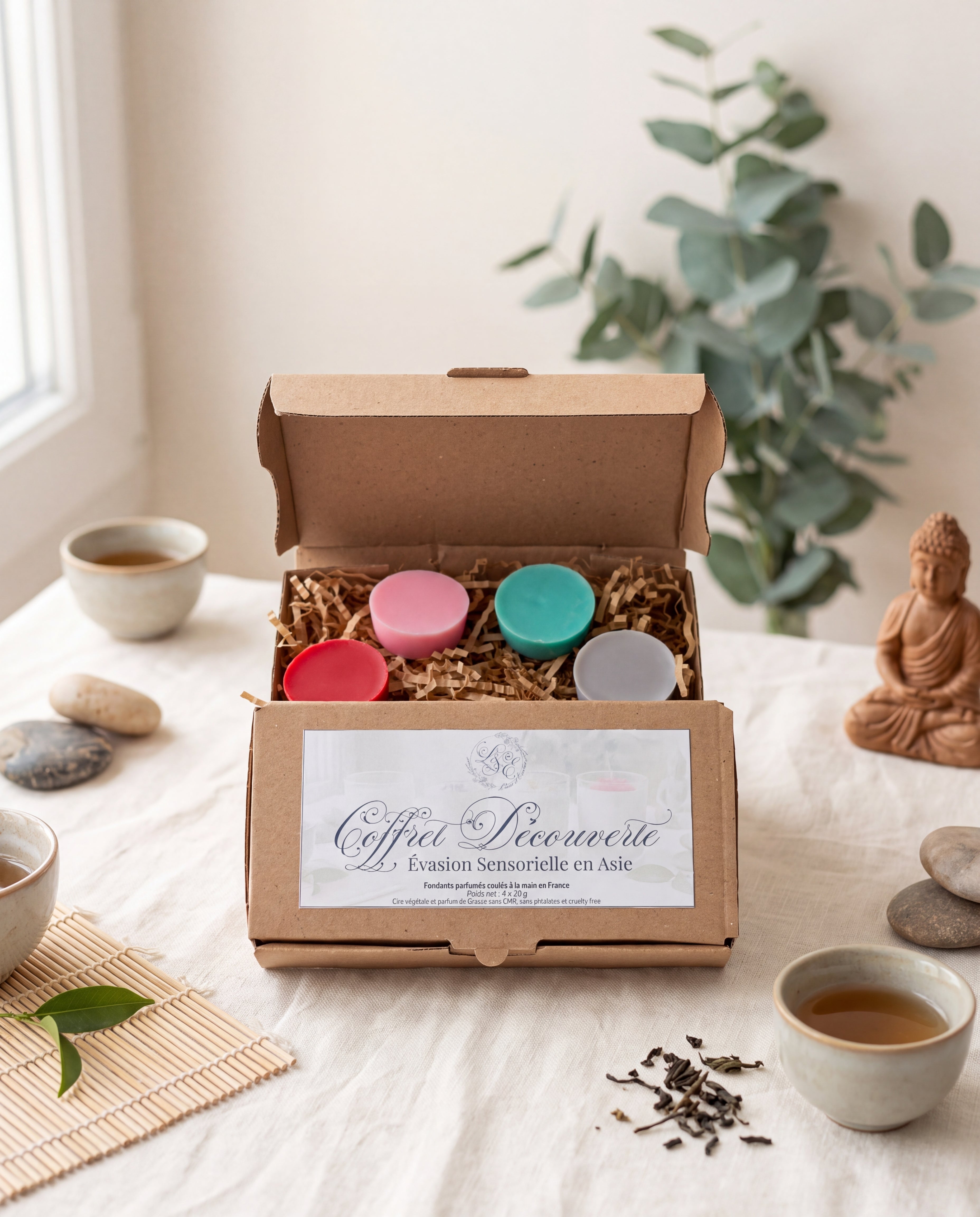Coffret découverte Évasion Sensorielle en Asie L&E, 4 fondants de 25 g parfums Fleurs d'Asie