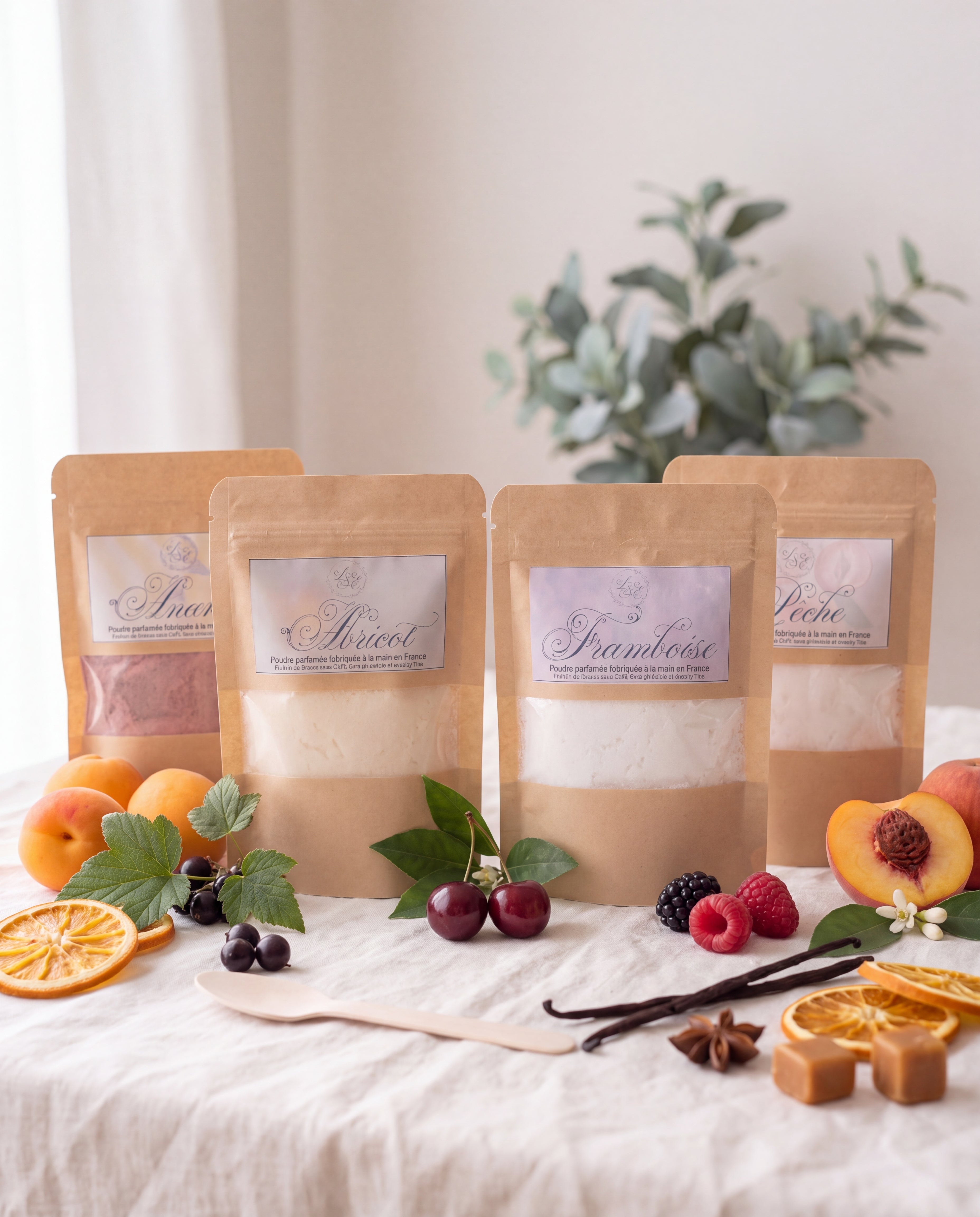 Gamme des poudres parfumées L&E pour aspirateur, sachets kraft avec cuillère en bois
