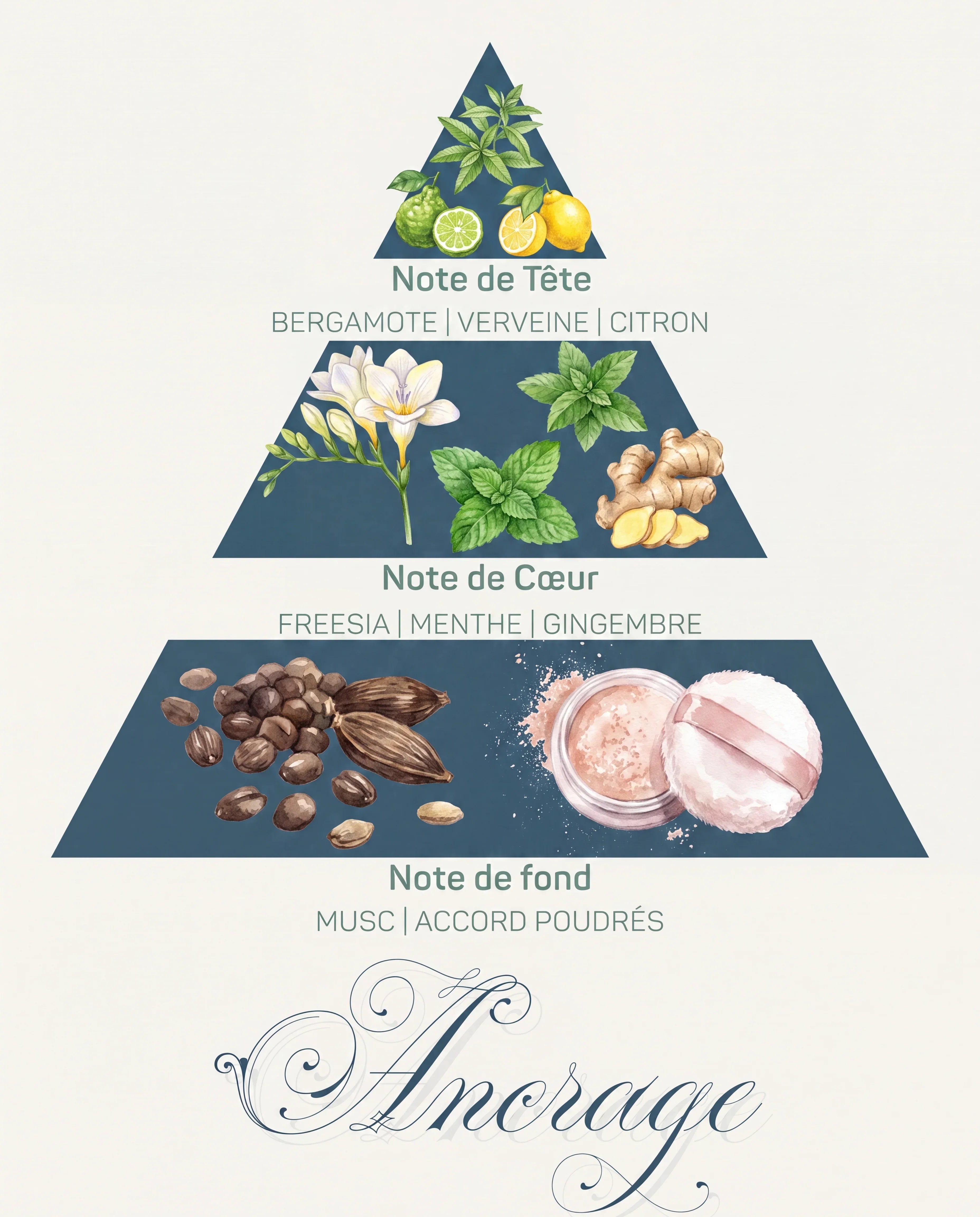 Pyramide olfactive Ancrage : tête bergamote et verveine, cœur freesia et menthe, fond musc poudré