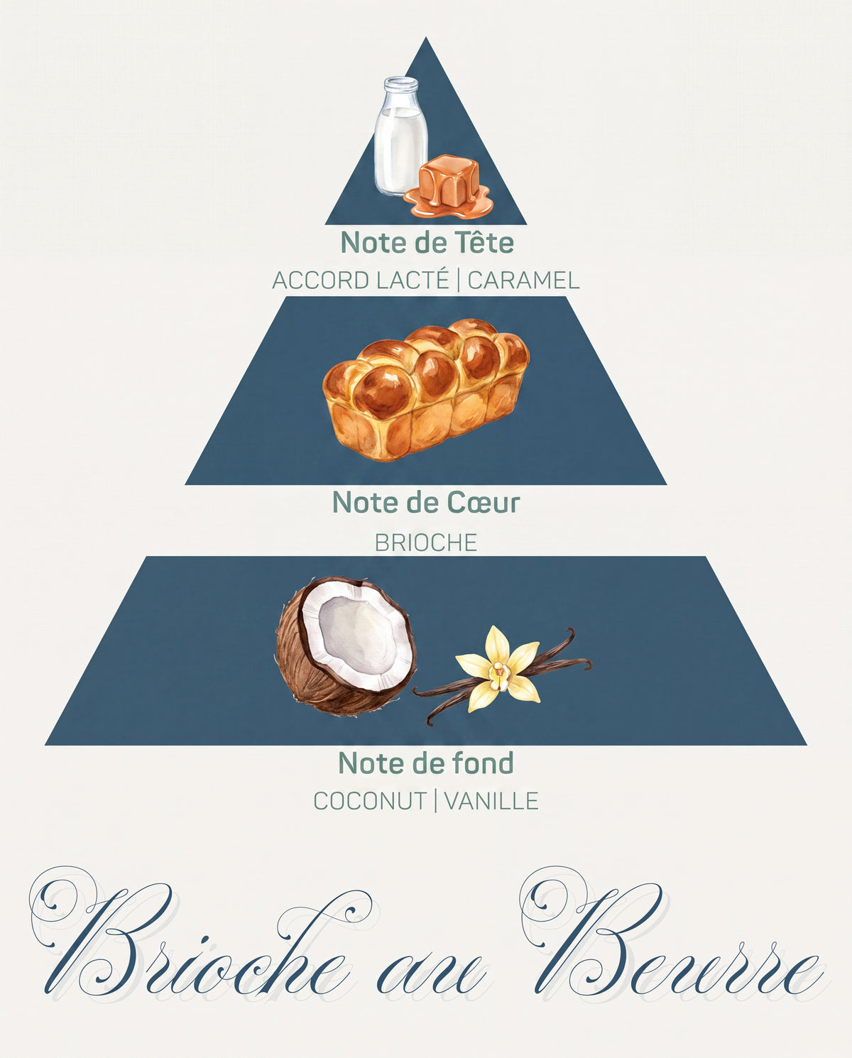 Pyramide olfactive Brioche au Beurre : tête accord lacté et caramel, cœur brioche, fond coco et vanille