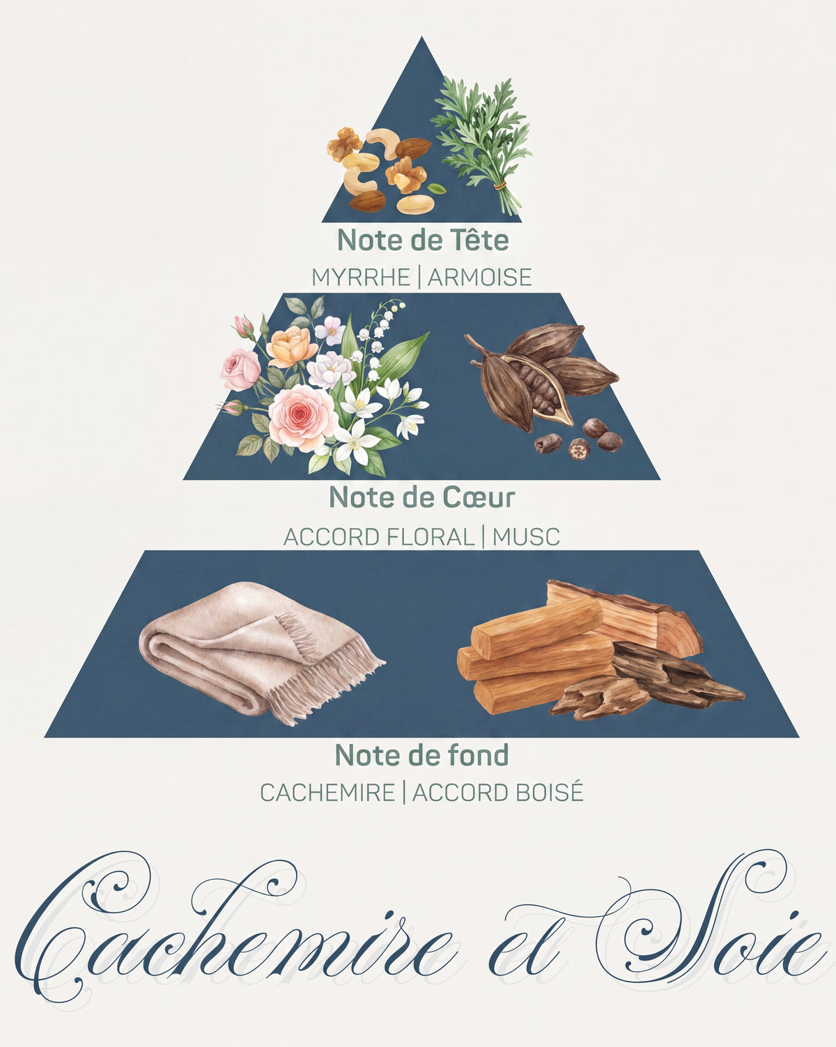Pyramide olfactive Cachemire et Soie : tête myrrhe et armoise, cœur floral musqué, fond cachemire boisé