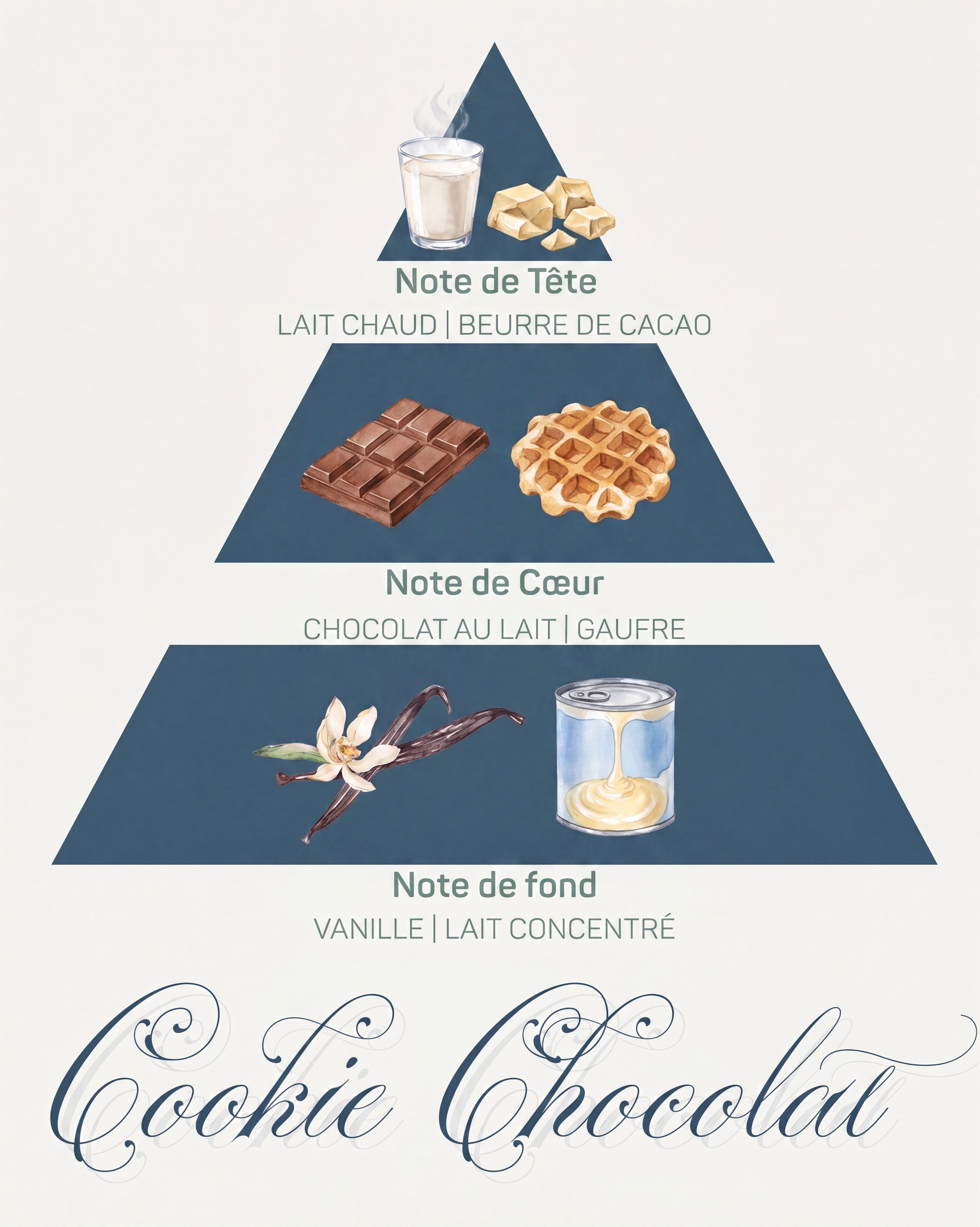 Pyramide olfactive Cookie Chocolat : tête lait chaud et cacao, cœur chocolat au lait et gaufre, fond vanille
