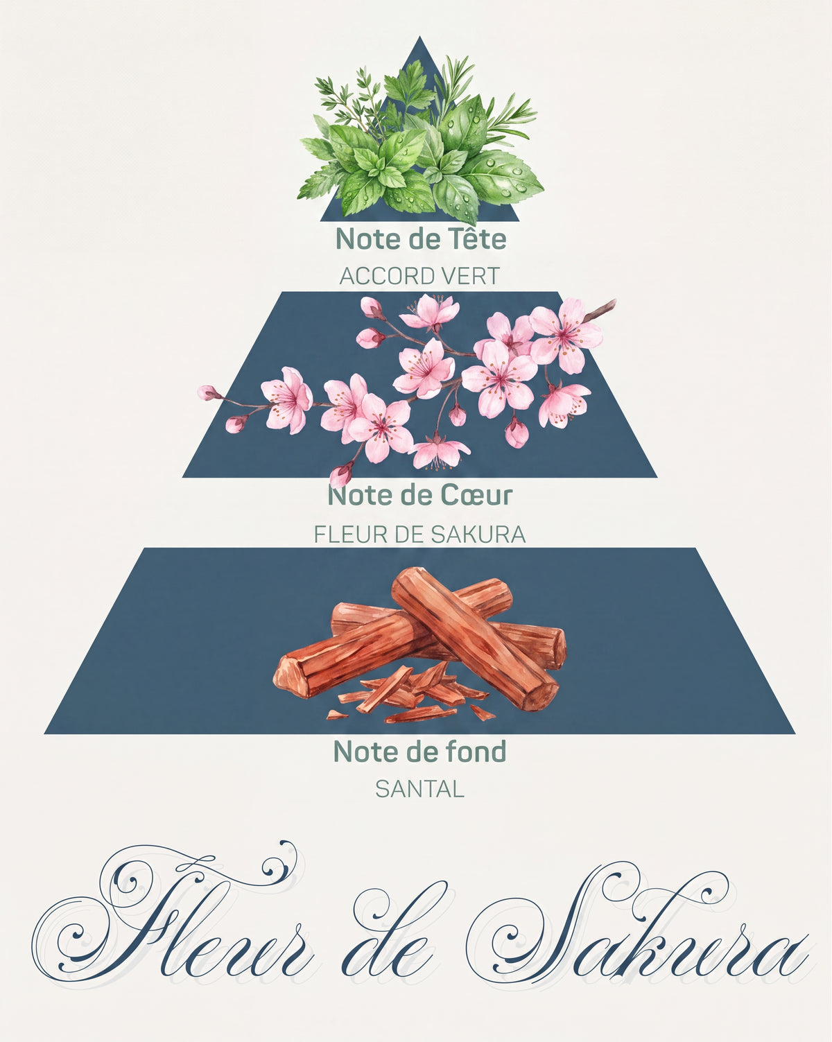 Pyramide olfactive Fleur de Sakura : tête accord vert, cœur fleur de sakura, fond santal