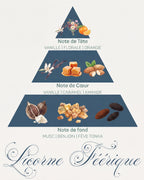 Pyramide olfactive Licorne Féérique : tête vanille et orange, cœur caramel et amande, fond musc et fève tonka
