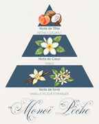 Pyramide olfactive Monoï Pêche : tête pêche et coco, cœur monoï, fond vanille et fleur d'oranger