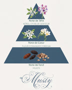 Pyramide olfactive Musty : tête néroli et pois de senteur, cœur fleur d'oranger et freesia, fond muscs